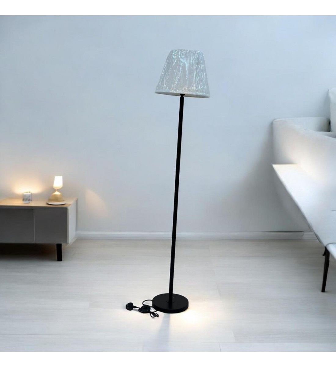 Long white floor electric lamp with black pole - fabric, 165 cm