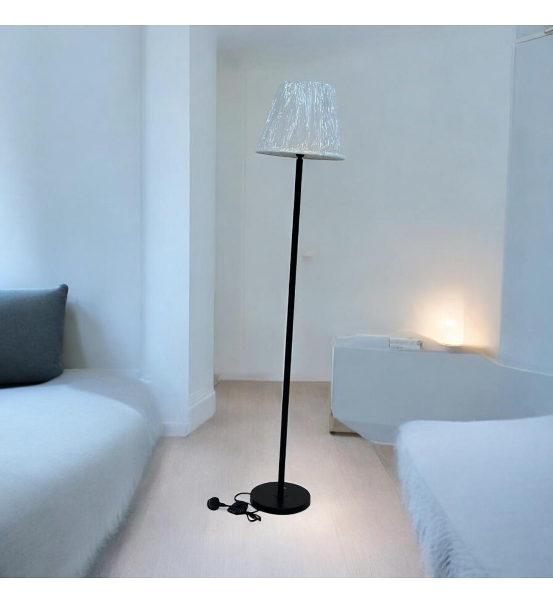 Long white floor electric lamp with black pole - fabric, 165 cm