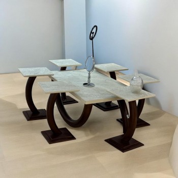 طقم طاولات قهوه وتقديم بديل الرخام 7قطع  قاعدة بني غامق 