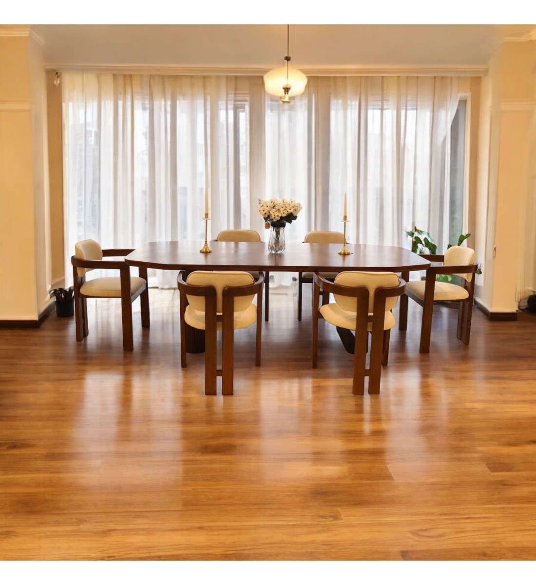 Walnut veneer dining table detail with 6 chairs size 220*110*80 cm