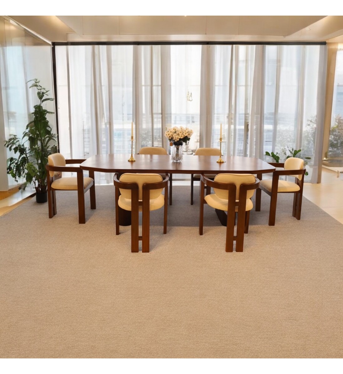 Walnut veneer dining table detail with 6 chairs size 220*110*80 cm