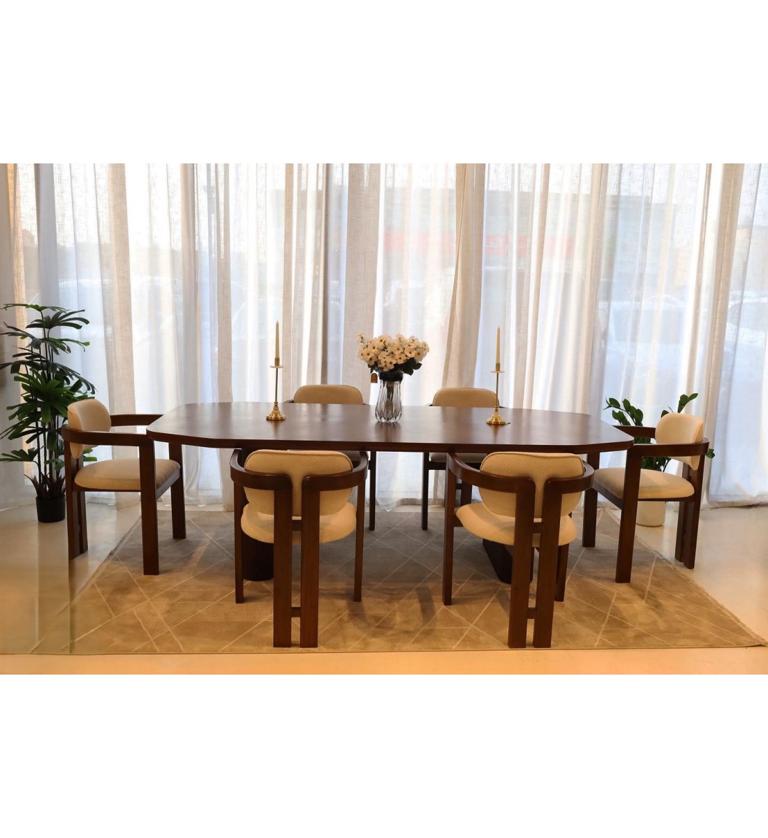 Walnut veneer dining table detail with 6 chairs size 220*110*80 cm