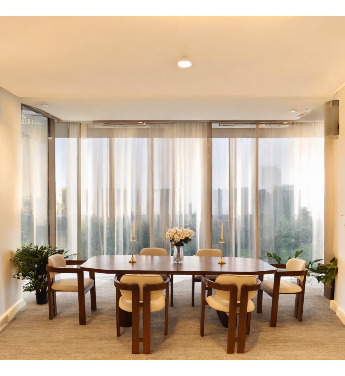 Walnut veneer dining table detail with 6 chairs size 220*110*80 cm