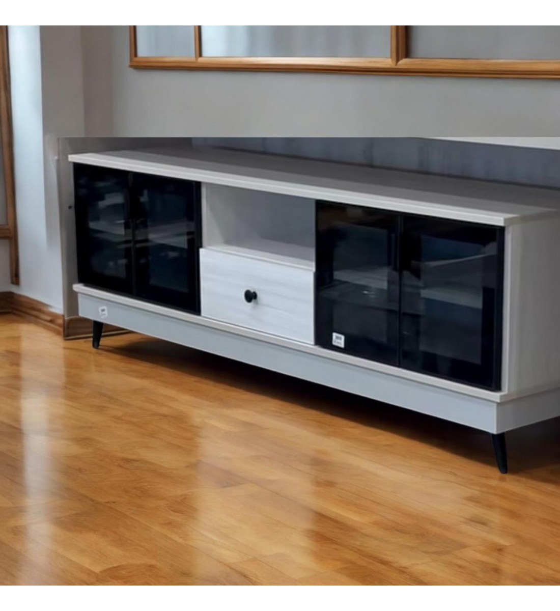 Plasma TV screen table, black and white wood, 160 x 40 x 45 cm