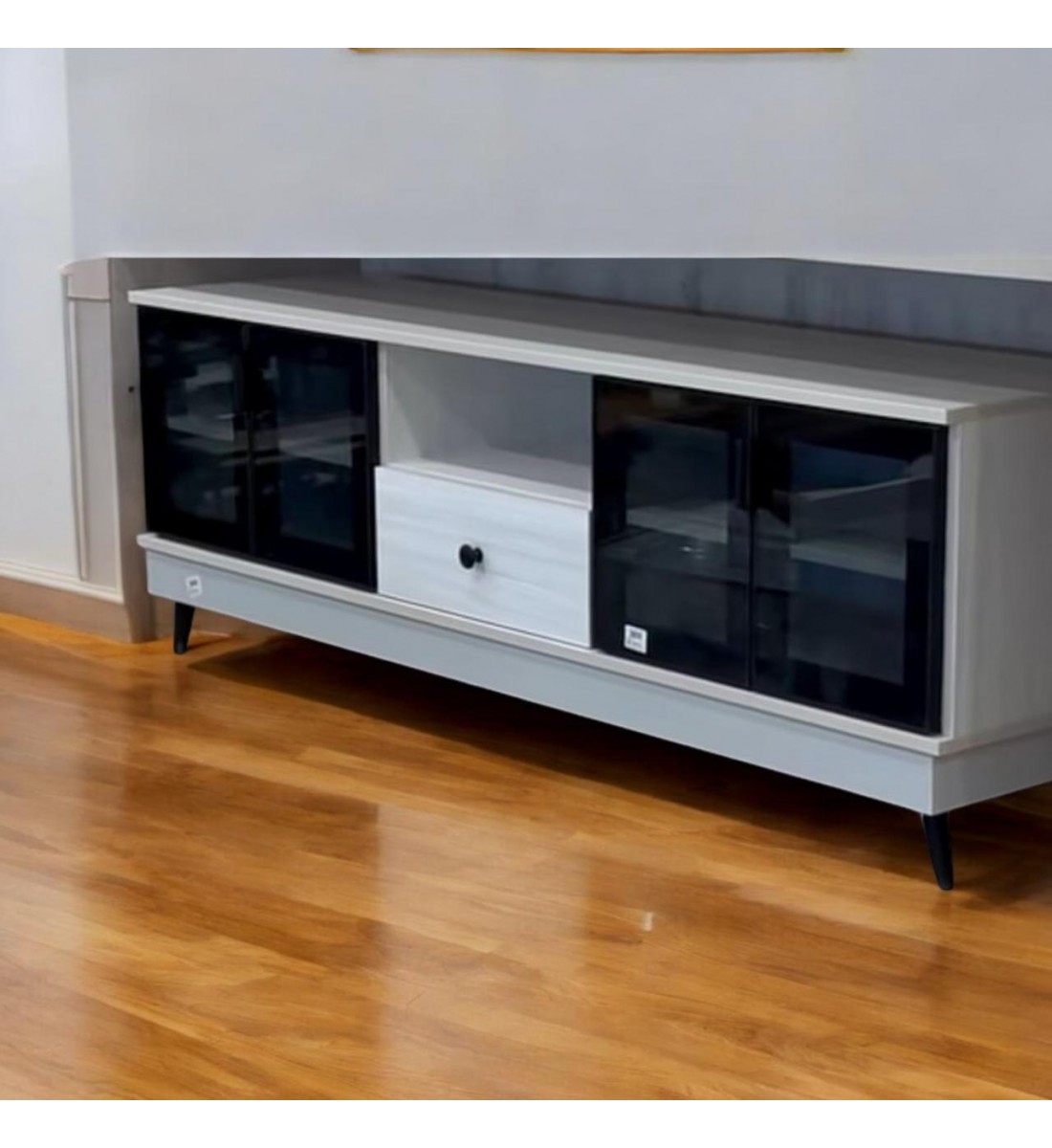 Plasma TV screen table, black and white wood, 160 x 40 x 45 cm