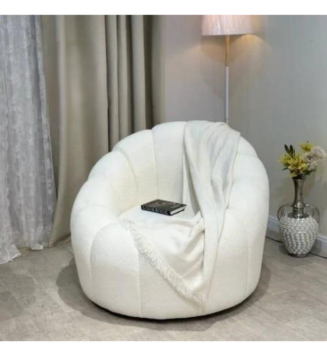 Single boucle fabric chair, white rose style, size 50*50*90cm