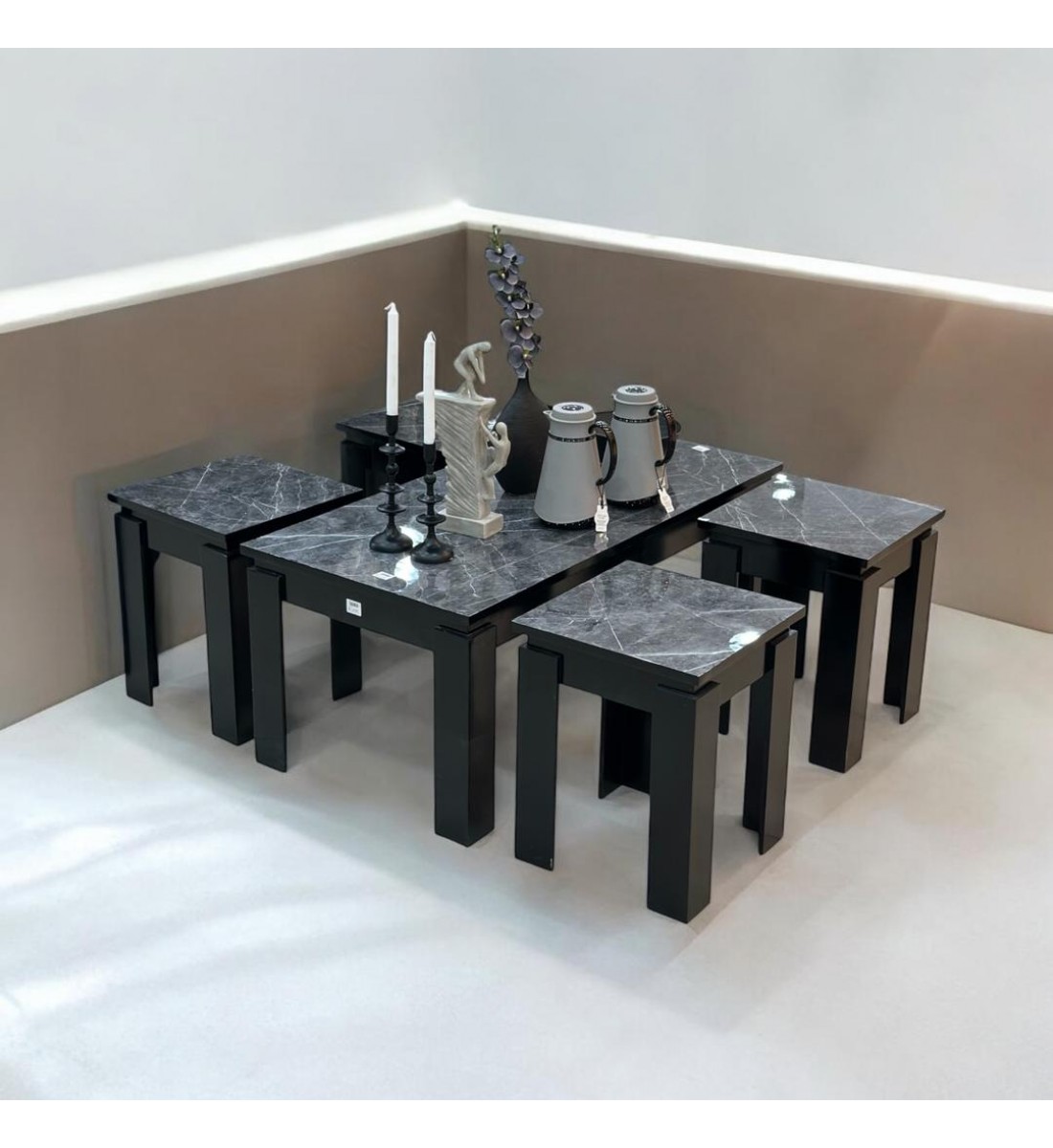 طقم طاولات قهوه وتقديم خشب  5قطع  قاعدة اسود 