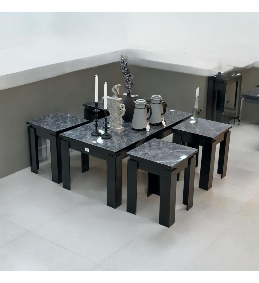 طقم طاولات قهوه وتقديم خشب  5قطع  قاعدة اسود 