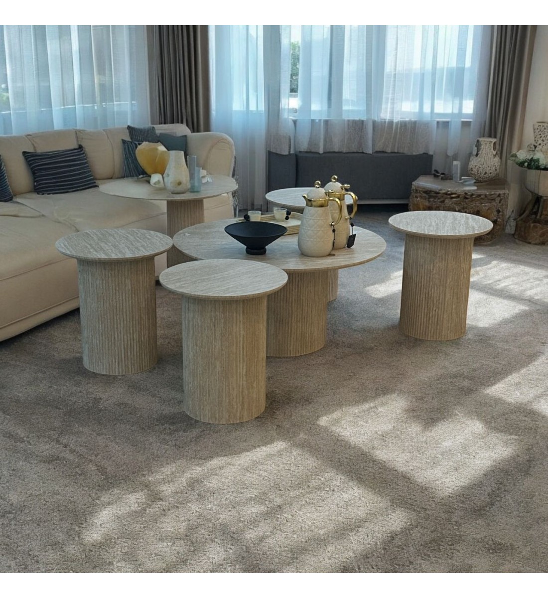 5-piece beige wood coffee and serving table set