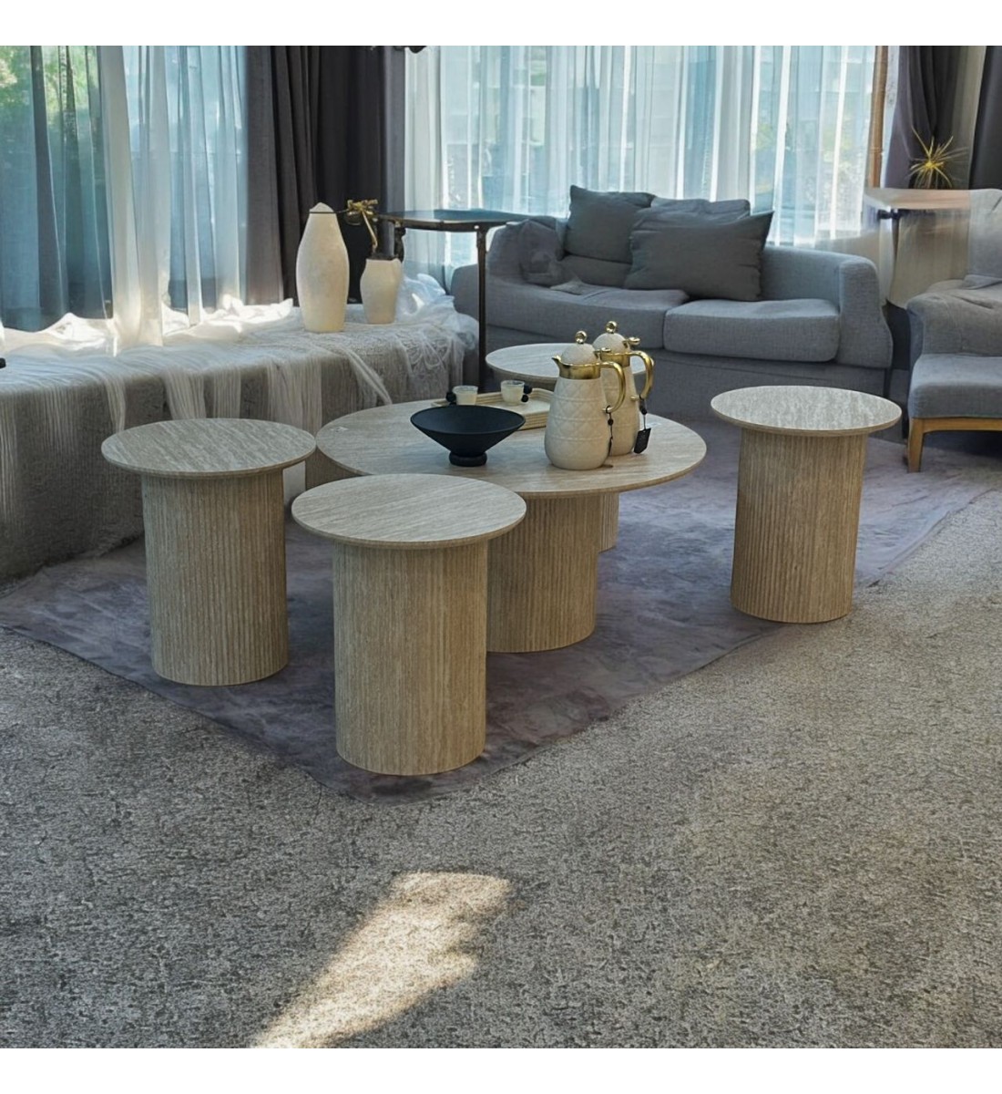 5-piece beige wood coffee and serving table set
