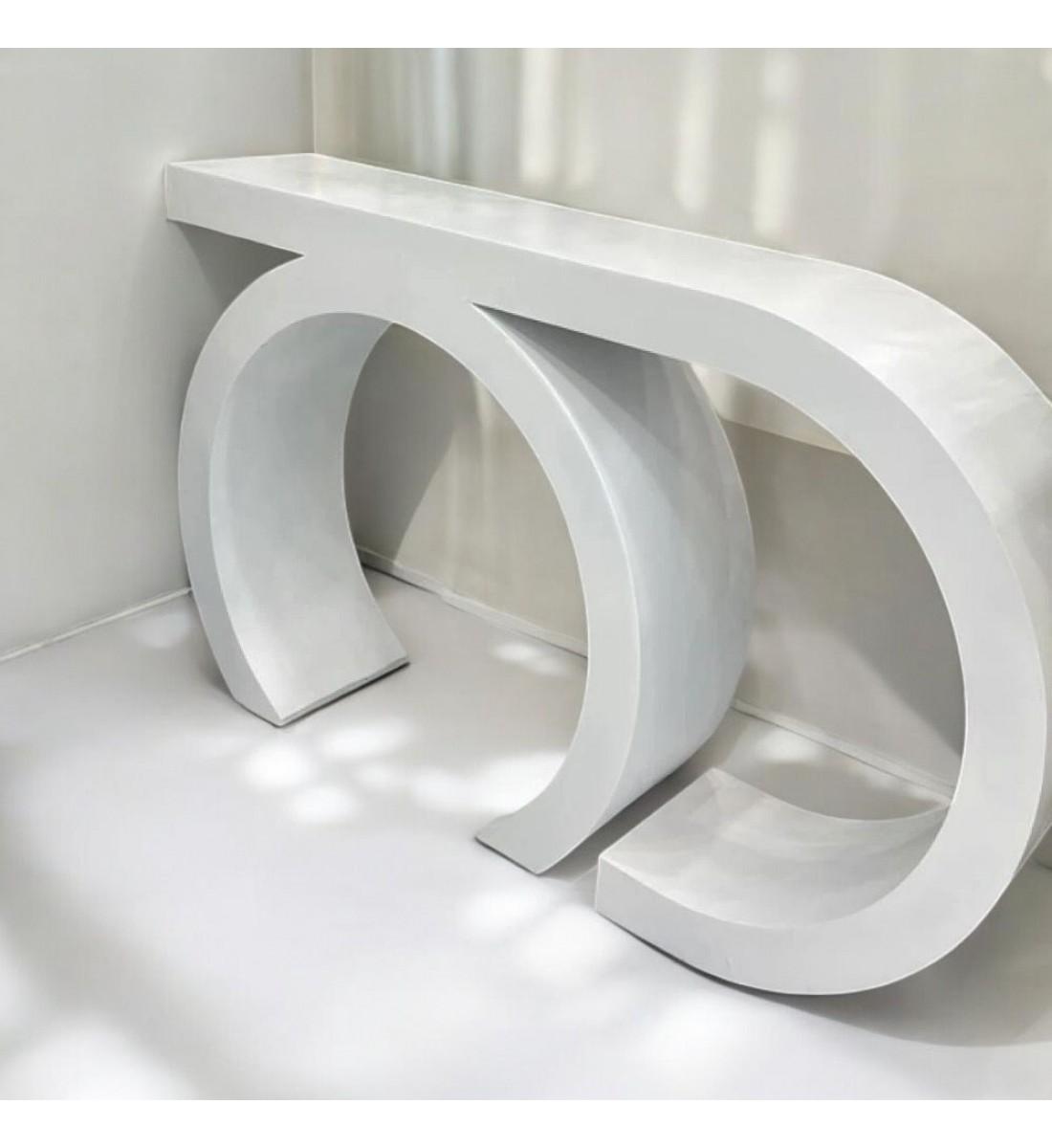 Contemporary wood console, geometric design, semicircle, white