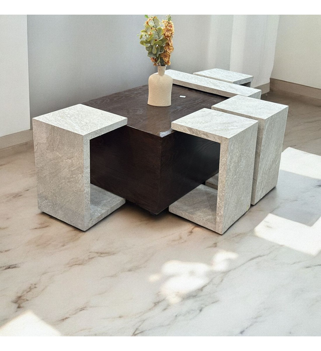 5 Piece Marble Alternative Coffee and Serving Table Set Brown