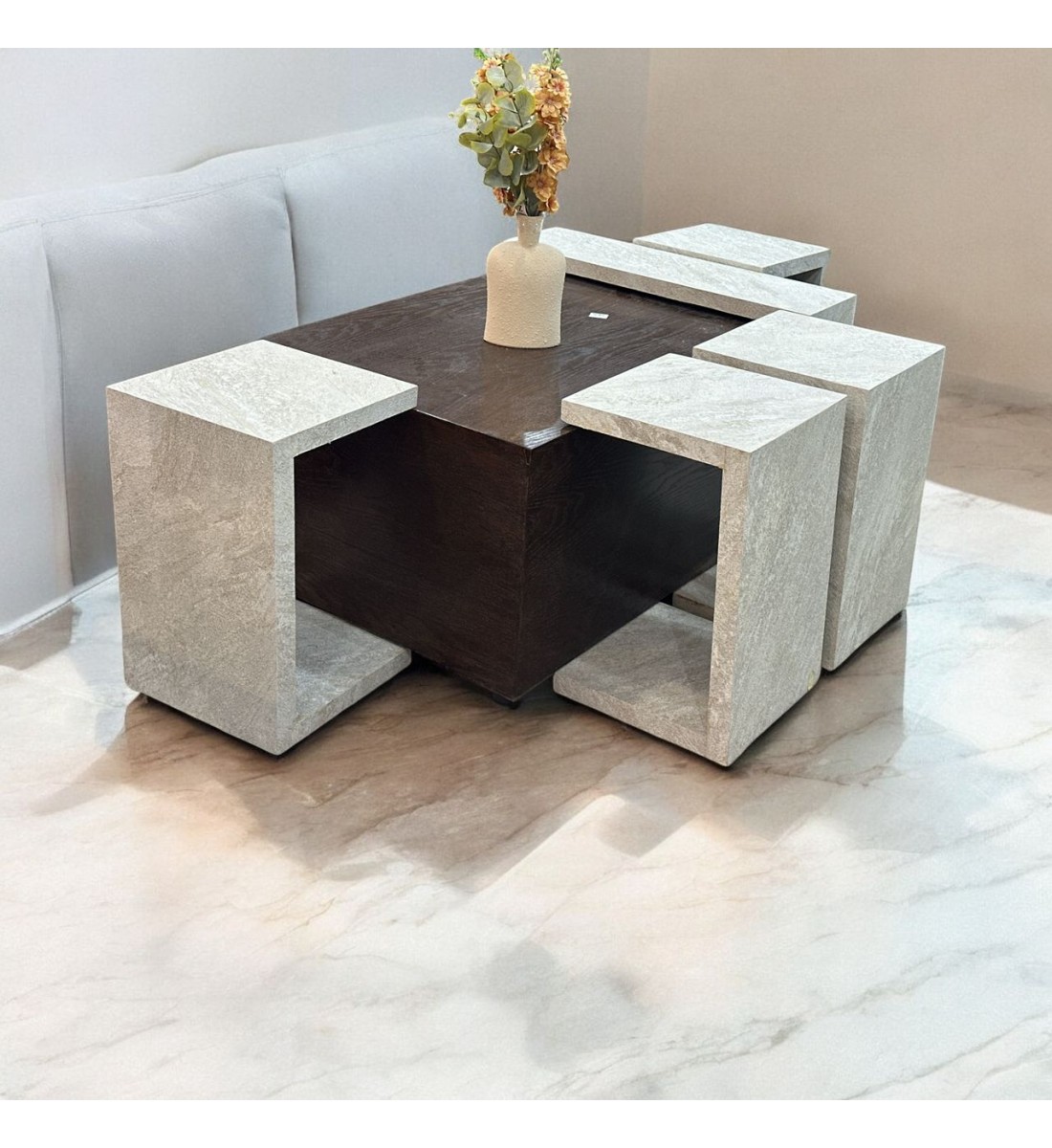 5 Piece Marble Alternative Coffee and Serving Table Set Brown