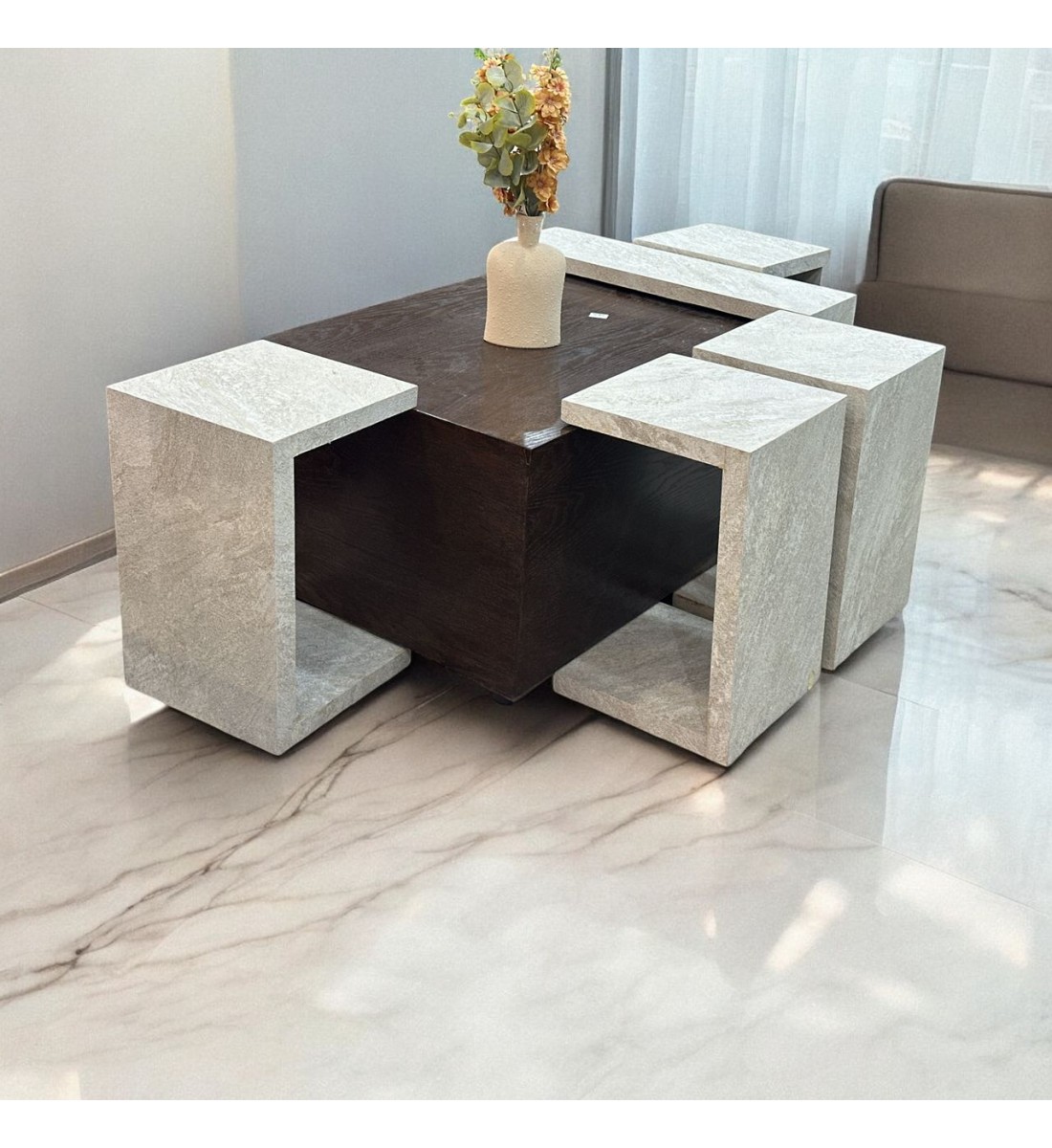 5 Piece Marble Alternative Coffee and Serving Table Set Brown