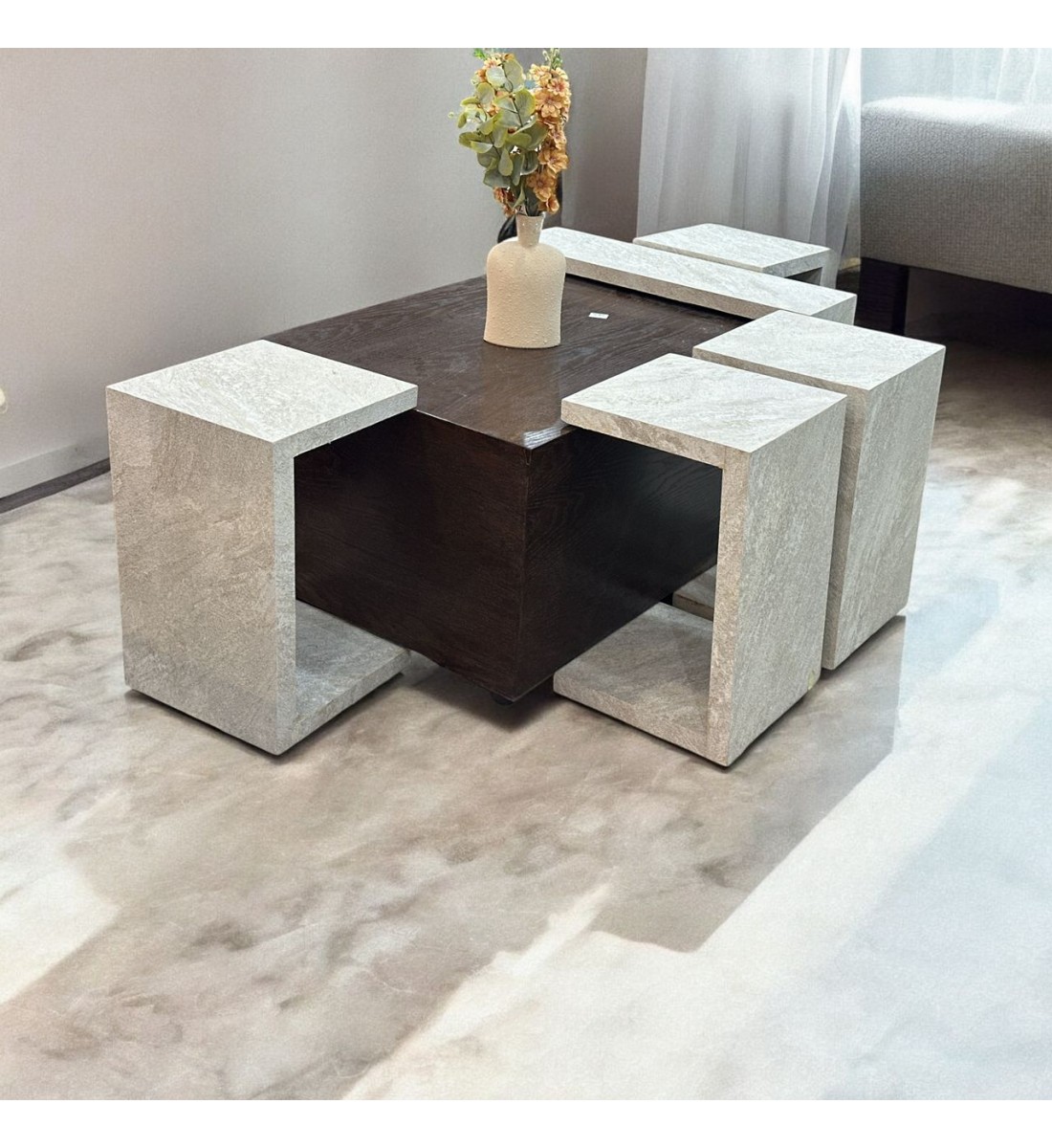 5 Piece Marble Alternative Coffee and Serving Table Set Brown