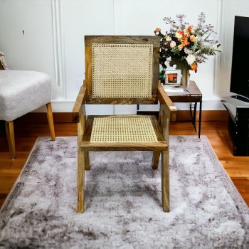 كرسي خشبي ريفي مفرد  خشبي  راتان  بيج 90×50×50سم