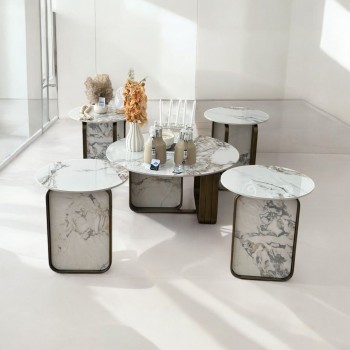 5 Piece Marble Top Steel Coffee and Serving Table Set