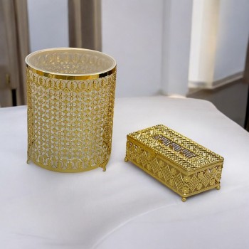طقم سلة مهملات مع علبة مناديل استيل ذهبي قطعتين