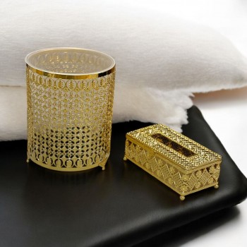 طقم سلة مهملات مع علبة مناديل استيل ذهبي قطعتين