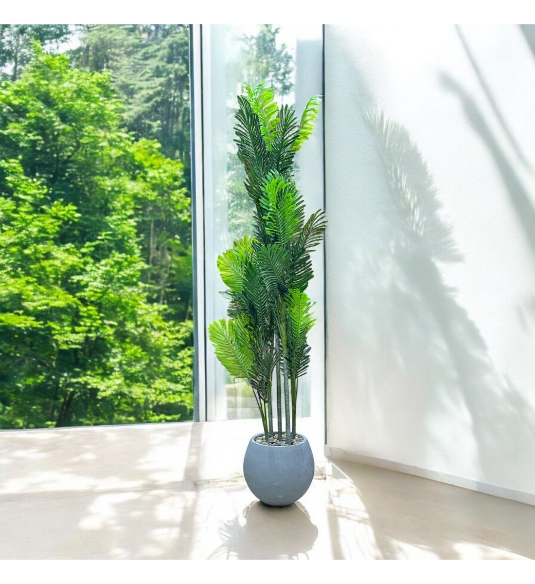 شجرة تزين اوراق النخيل مركن رصاصي ارتفاع 220سم تقريبا شجرة تزين اوراق النخيل مركن رصاصي ارتفاع 220سم تقريبا