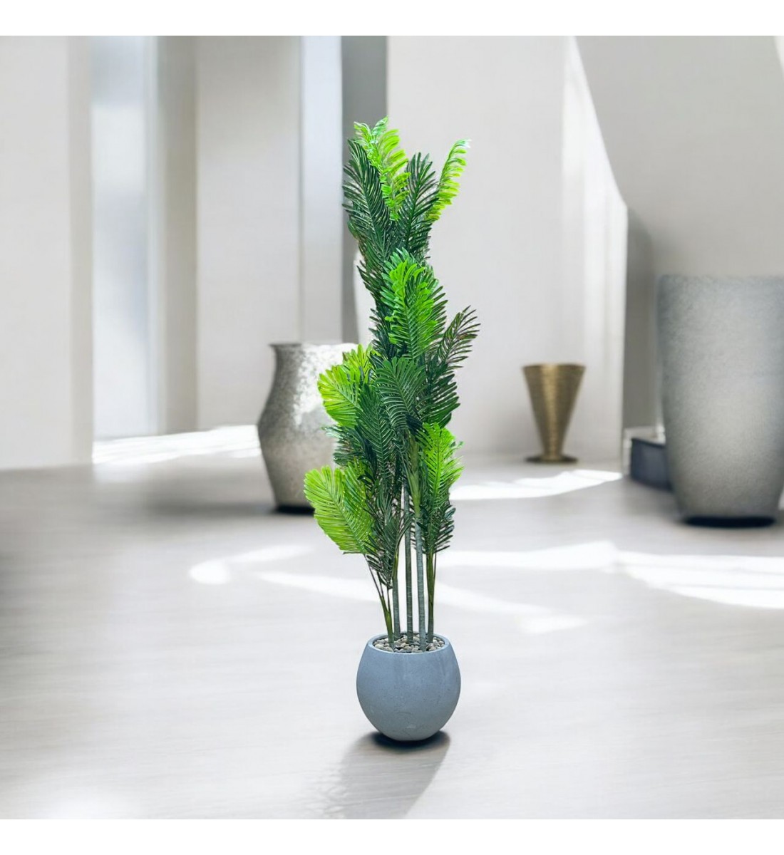 شجرة تزين اوراق النخيل مركن رصاصي ارتفاع 220سم تقريبا شجرة تزين اوراق النخيل مركن رصاصي ارتفاع 220سم تقريبا