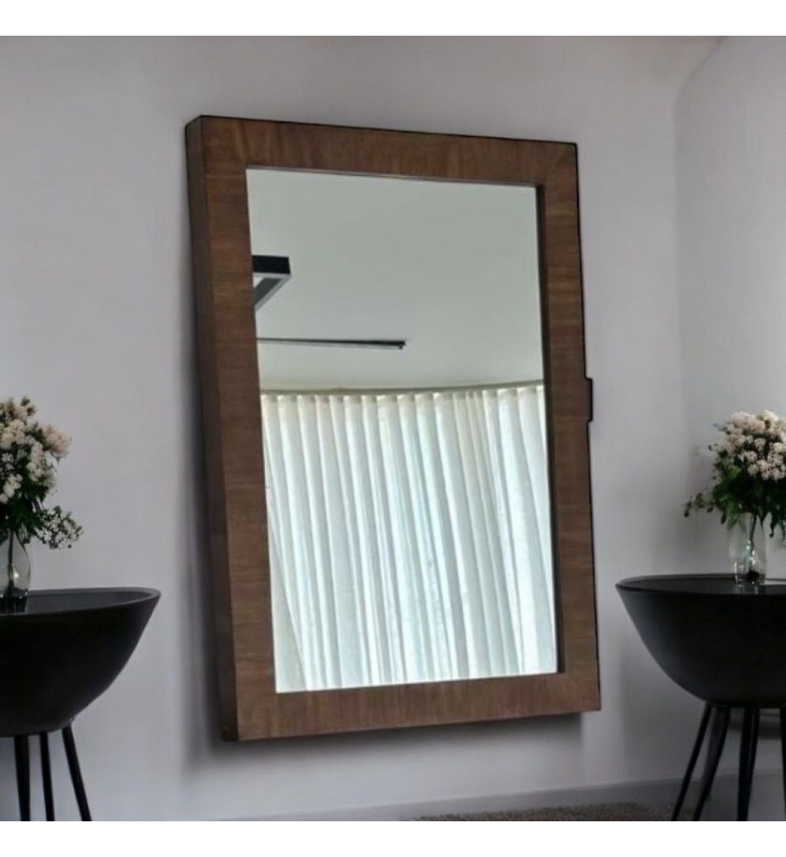 مرايا حائط باطار  خشب بني تصميم مميز وابداع هندسي  مقاس110×79×7.5سم 