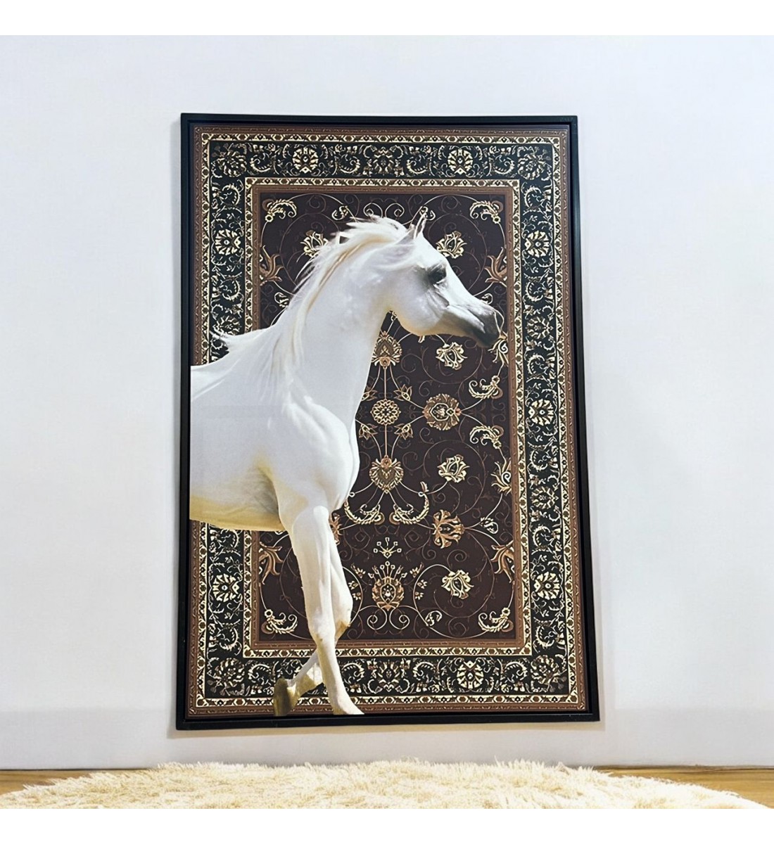 لوحه زينة حائط قماش شكل حصان باطار اسود 100×150سم 