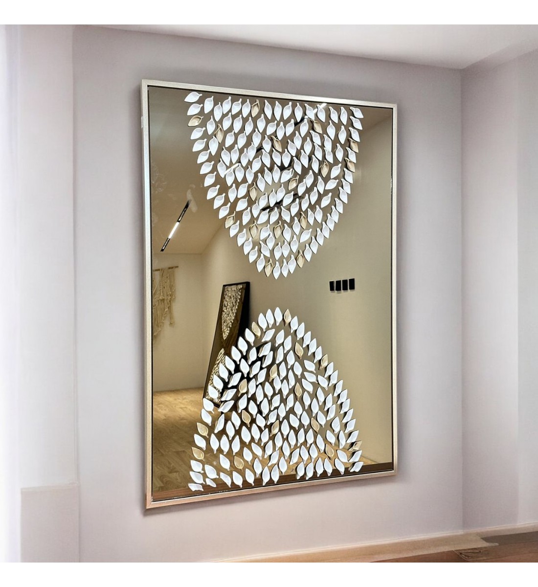 Tableau miroir en plâtre noir avec cadre en bois champagne, 150 x 100 cm