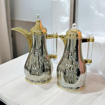 طقم ترمس شاهي وقهوه نيكل ذهبي ممسك كرستال 