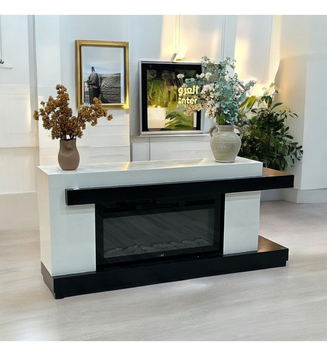 Chauffage plasma électrique au design élégant et moderne, chêne, coloris noir et beige, dimensions 180 x 80 x 40 cm
