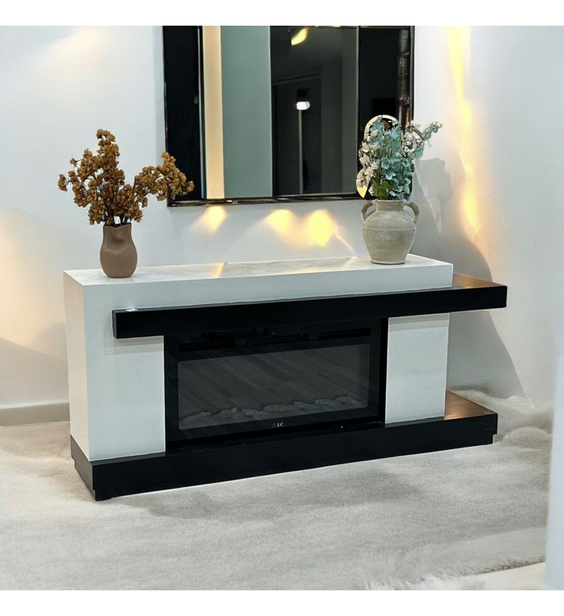 Chauffage plasma électrique au design élégant et moderne, chêne, coloris noir et beige, dimensions 180 x 80 x 40 cm