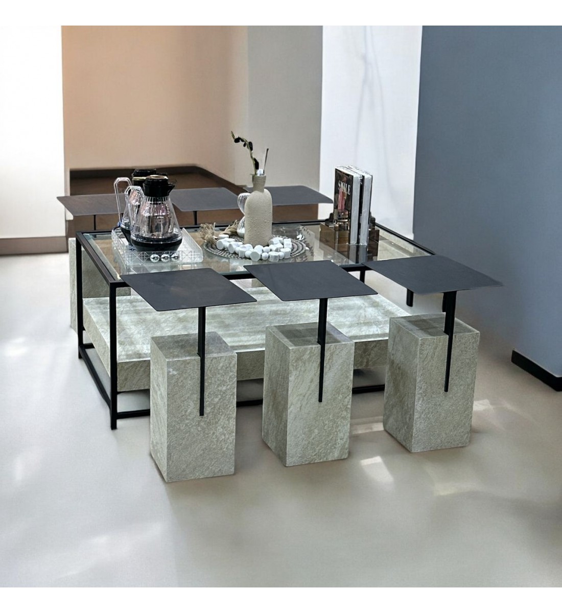 طقم طاولات بديل الرخام 5قطع سطح حديد اسود 