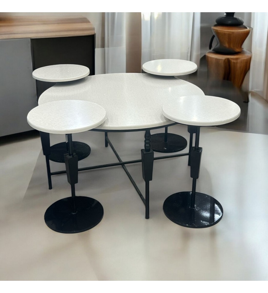 طقم طاولات خشببيج قاعدة حديد اسود ديكور 5قطع طقم طاولات خشببيج قاعدة حديد اسود ديكور 5قطع