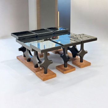 طقم طاولات النجوم 7قطع سطح  زجاج  اسود قاعده خشب (المنتج تفصيل)