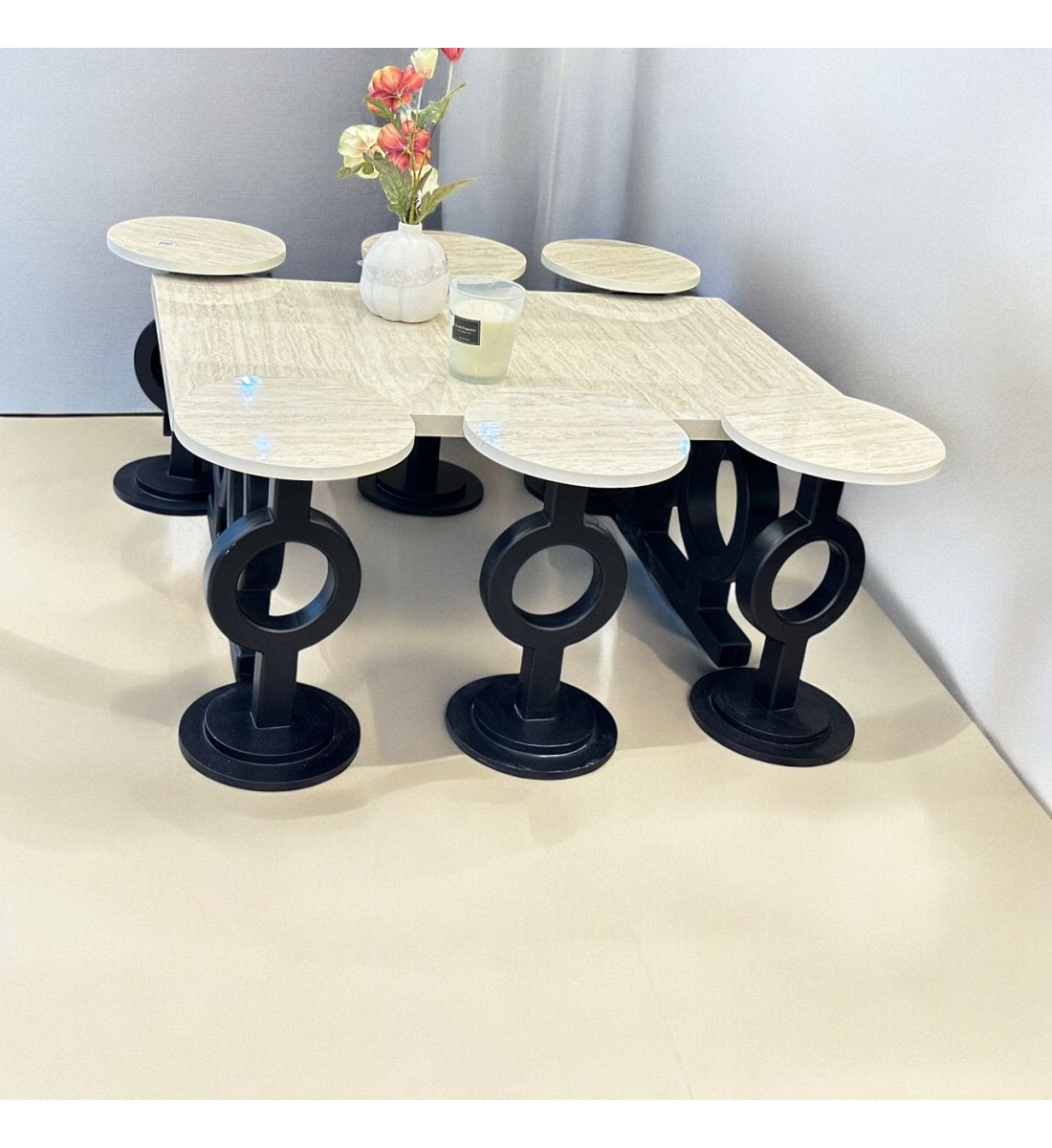 طقم طاولات  7قطع سطح بديل الرخام قاعده خشب حلقات اسود (المنتج تفصيل)