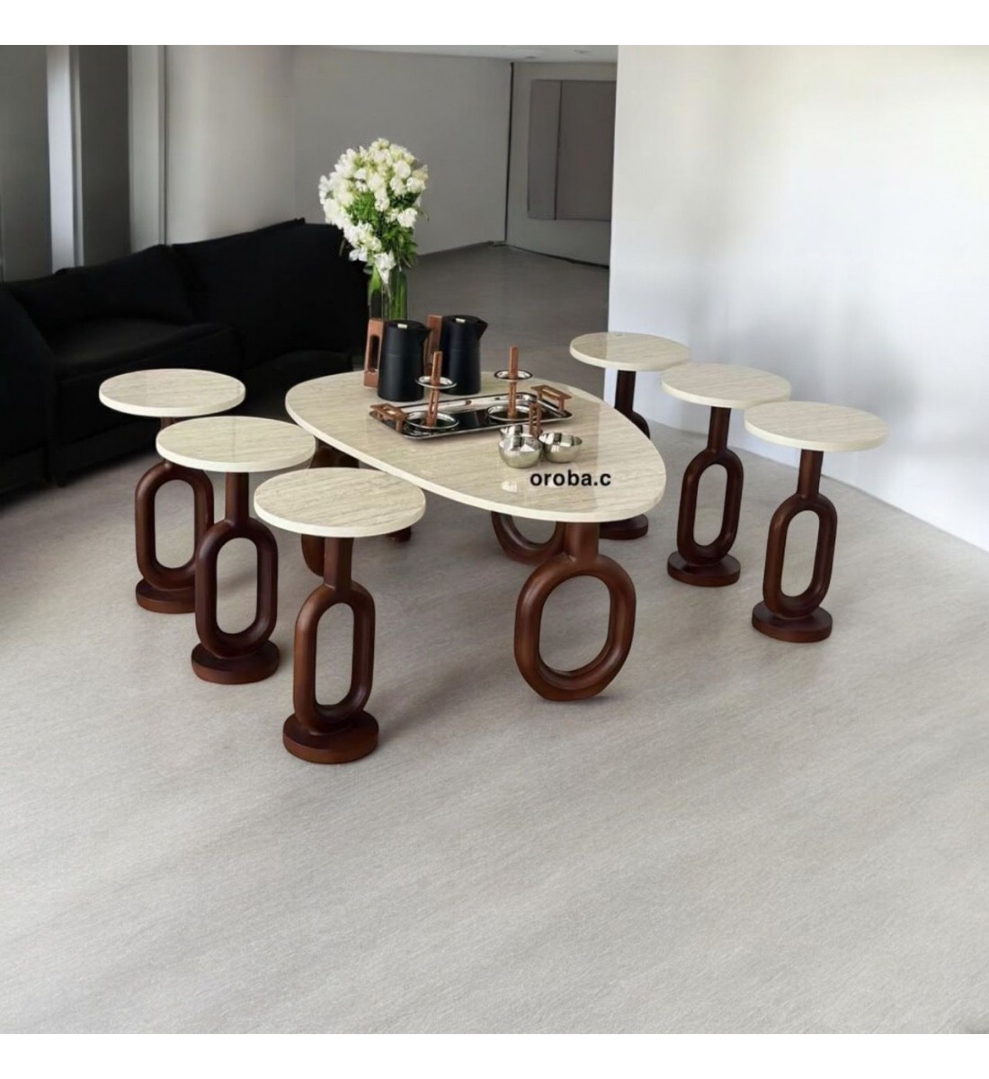 طقم طاولات حلقات قهوه وتقديم بديل الرخام 7قطع  قاعدة بني (المنتج تفصيل ) 