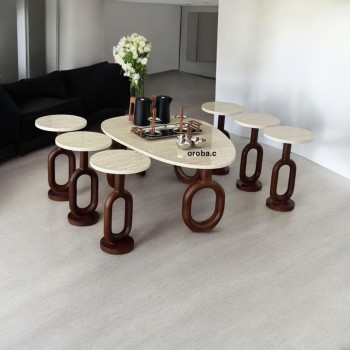 طقم طاولات حلقات قهوه وتقديم بديل الرخام 7قطع  قاعدة بني (المنتج تفصيل ) 