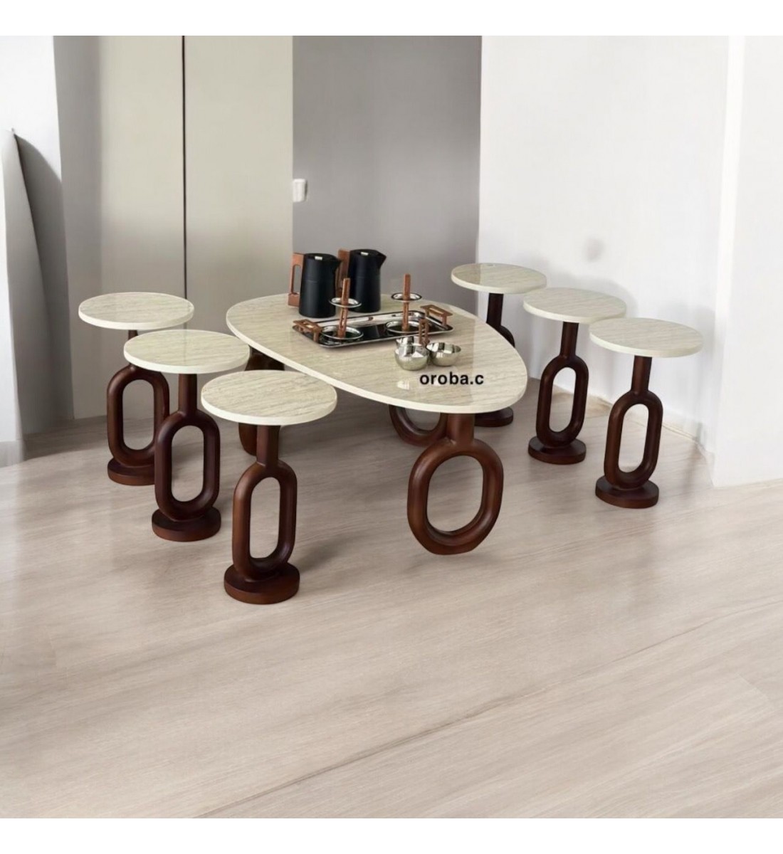 طقم طاولات حلقات قهوه وتقديم بديل الرخام 7قطع  قاعدة بني (المنتج تفصيل ) 