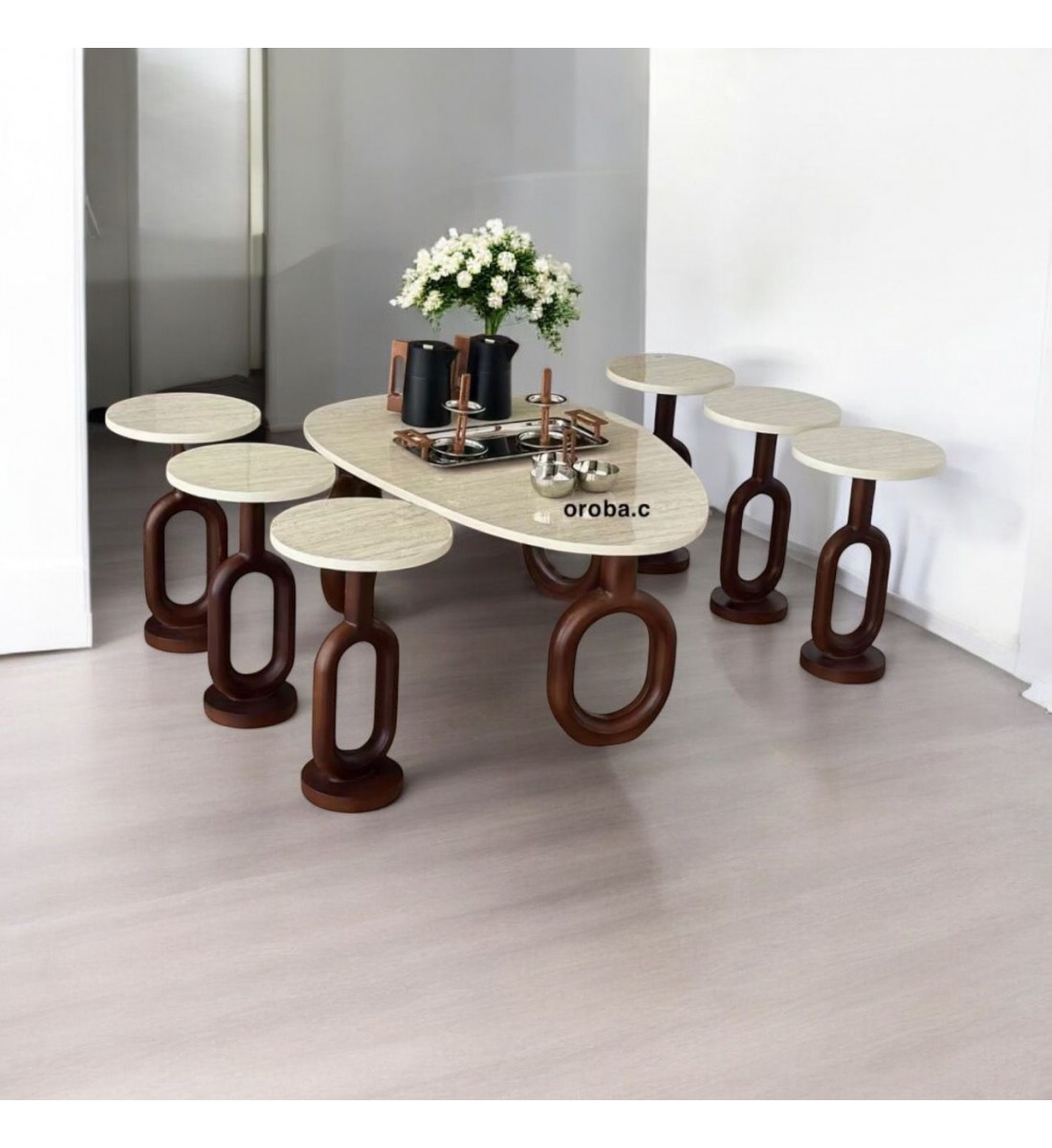 طقم طاولات حلقات قهوه وتقديم بديل الرخام 7قطع  قاعدة بني (المنتج تفصيل ) 