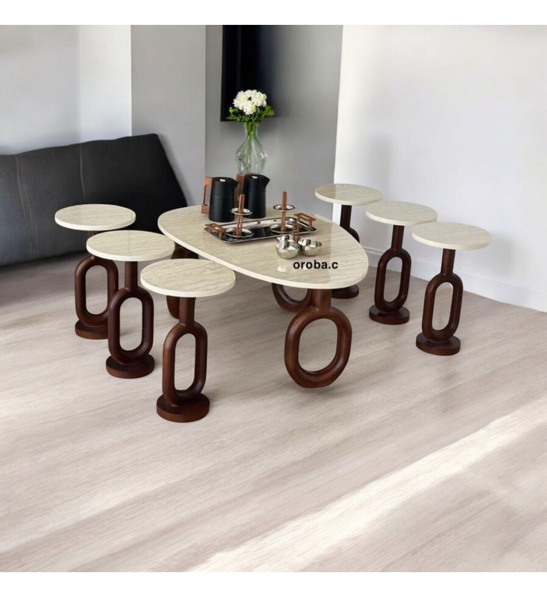 طقم طاولات حلقات قهوه وتقديم بديل الرخام 7قطع  قاعدة بني (المنتج تفصيل ) 