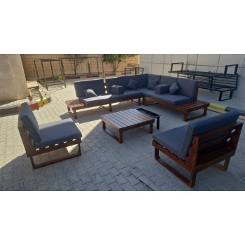 طقم جلسة خارجية كراسي خشب،7 أشخاص +طاولة خدمة بمنقل للفحم 