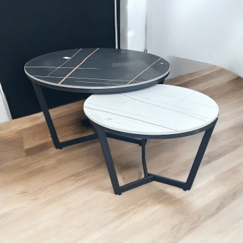 طاولة قهوة دائريه اسود خشب شكل رخام 2قطع 