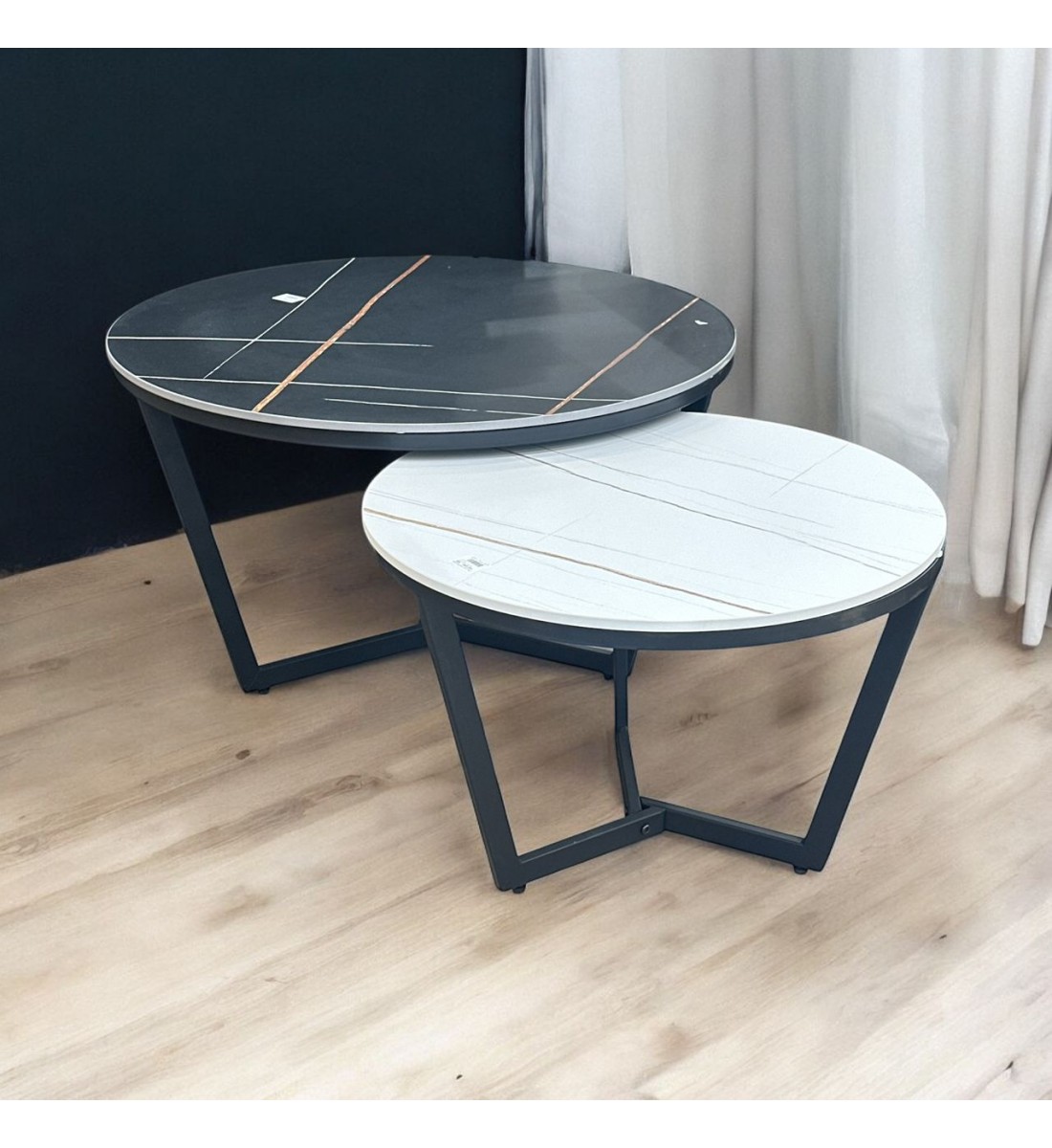 طاولة قهوة دائريه اسود خشب شكل رخام 2قطع طاولة قهوة دائريه اسود خشب شكل رخام 2قطع