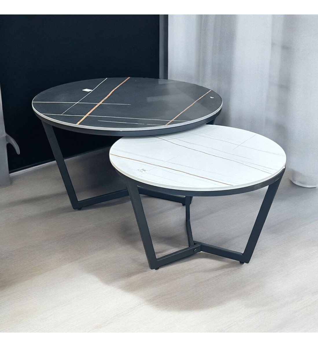 طاولة قهوة دائريه اسود خشب شكل رخام 2قطع طاولة قهوة دائريه اسود خشب شكل رخام 2قطع