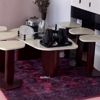 طقم طاولة خدمة بديل الرخام قاعده خشب بني سطح نيو ديزاين بني   7 قطعة (منتج تفصيل )