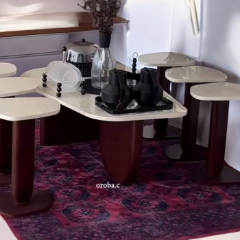 طقم طاولة خدمة بديل الرخام قاعده خشب بني سطح نيو ديزاين بني   7 قطعة (منتج تفصيل )