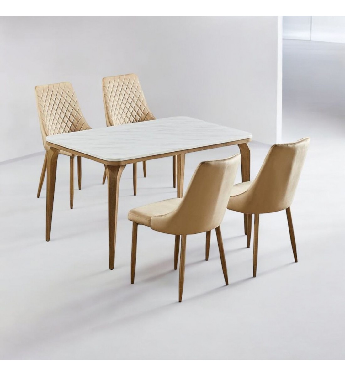 Marble alternative dining table set with 4 wooden chairs, 130 x 80 x 75 cm