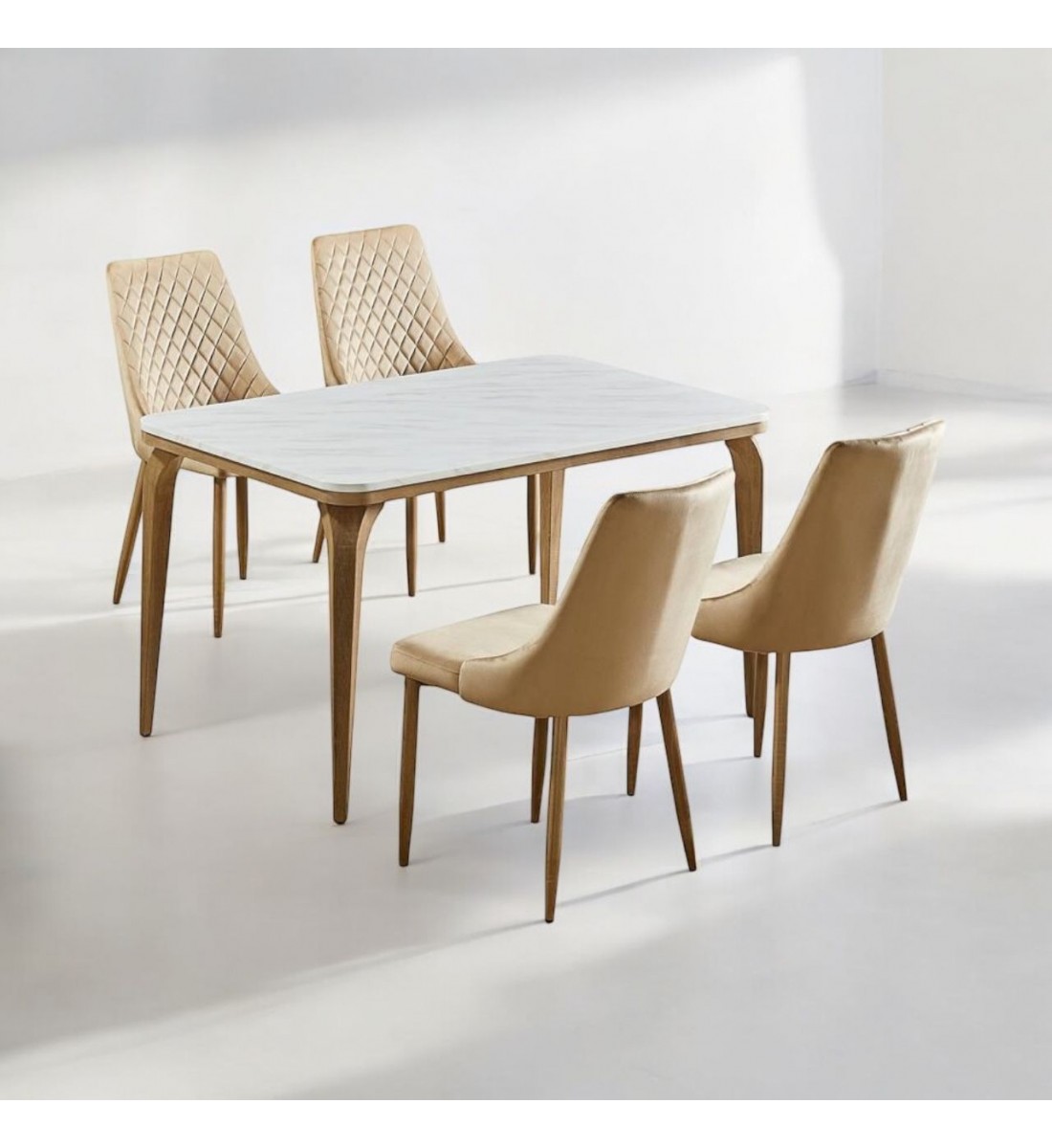 Marble alternative dining table set with 4 wooden chairs, 130 x 80 x 75 cm