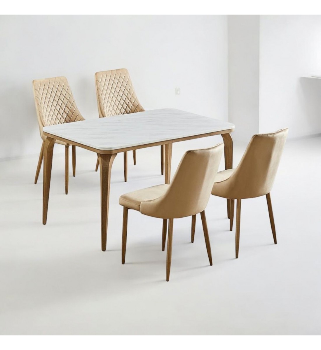 Marble alternative dining table set with 4 wooden chairs, 130 x 80 x 75 cm