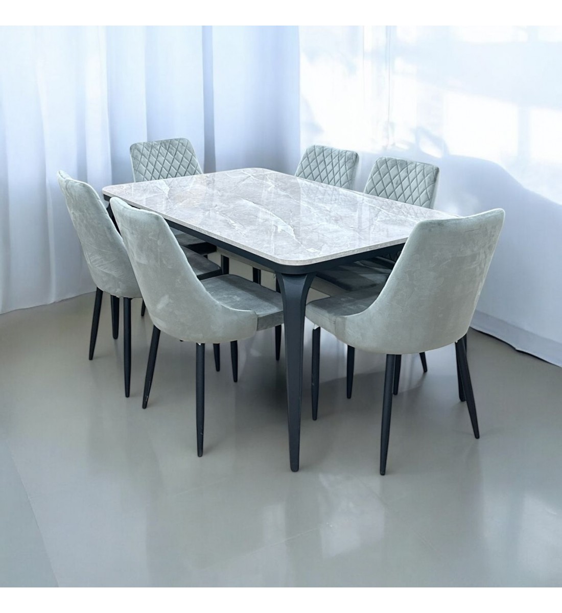 Marble Replacement Dining Table Set with 6 Chairs Grey 150x90x75cm